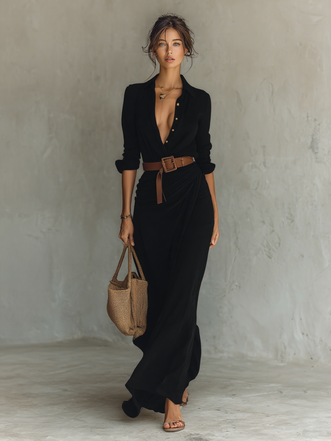 Vestido largo de mujer, de manga larga, con solapa, cinturón y botonadura simple