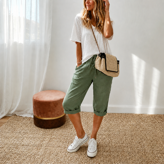 Estela - Pantalones capri informales de algodón y lino para mujer