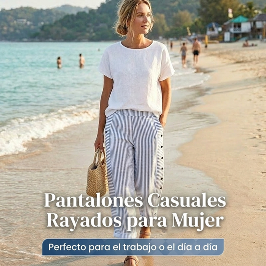Pantalones de lino a rayas azules con bolsillos laterales