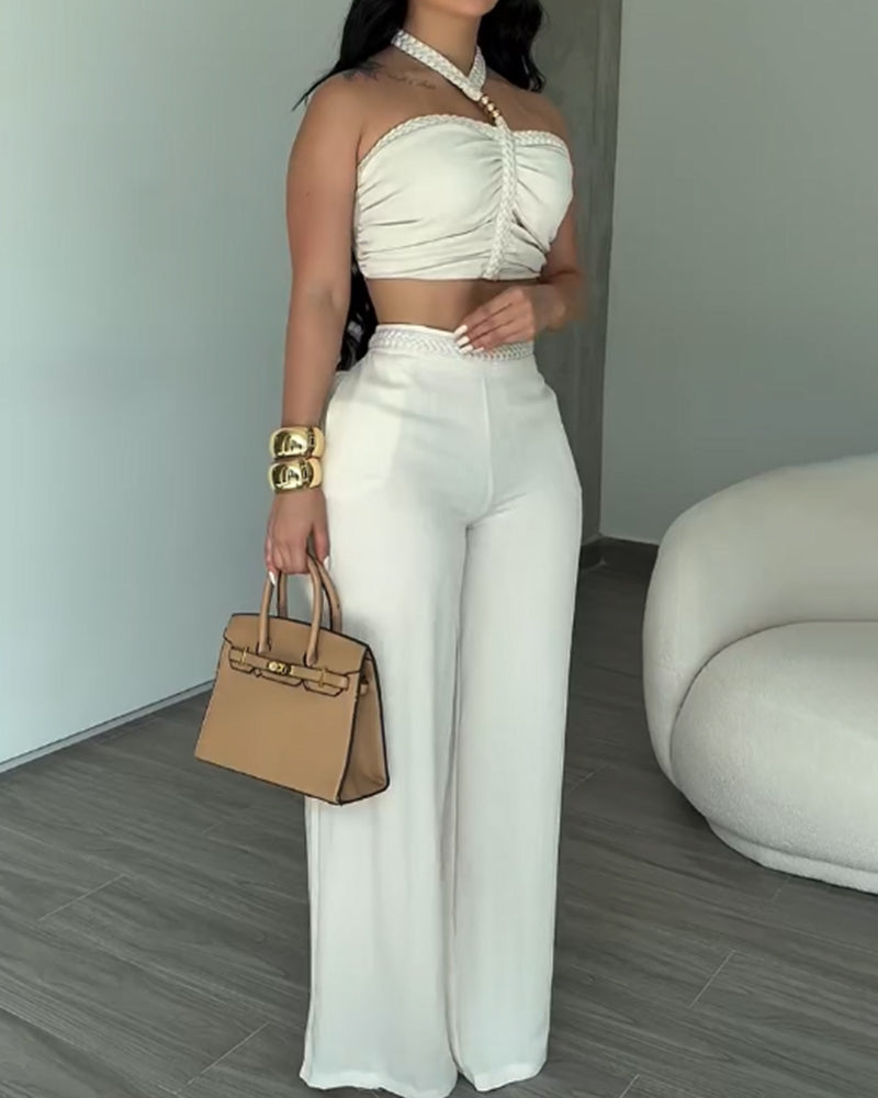 2 Piece Braided Trim Two Piece Outfit with Flared Trousers