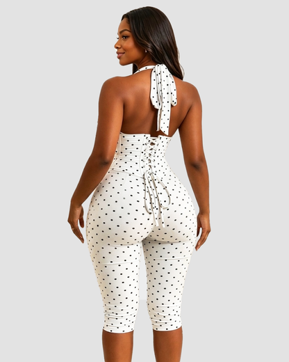 Hourglass Figure Body Shaper Waist Cincher Polka Dot Capri Jumpsuit Two-Piece Set