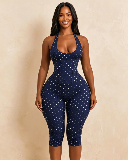 Hourglass Figure Body Shaper Waist Cincher Polka Dot Capri Jumpsuit Two-Piece Set