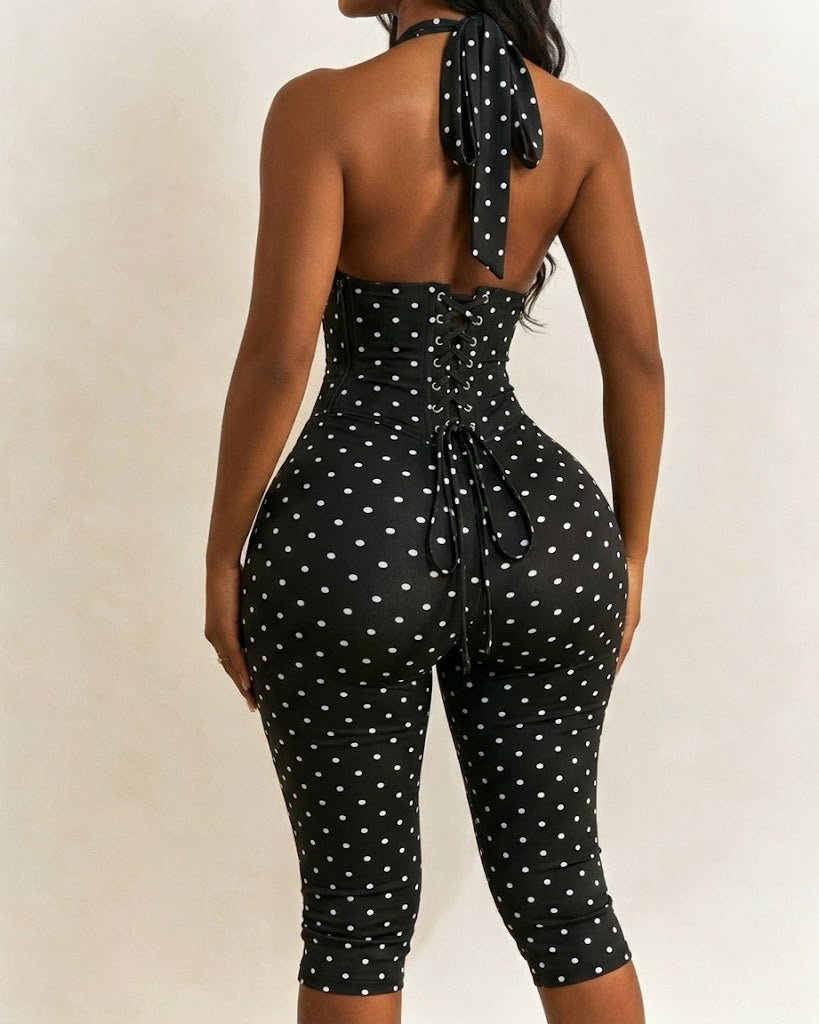 Hourglass Figure Body Shaper Waist Cincher Polka Dot Capri Jumpsuit Two-Piece Set