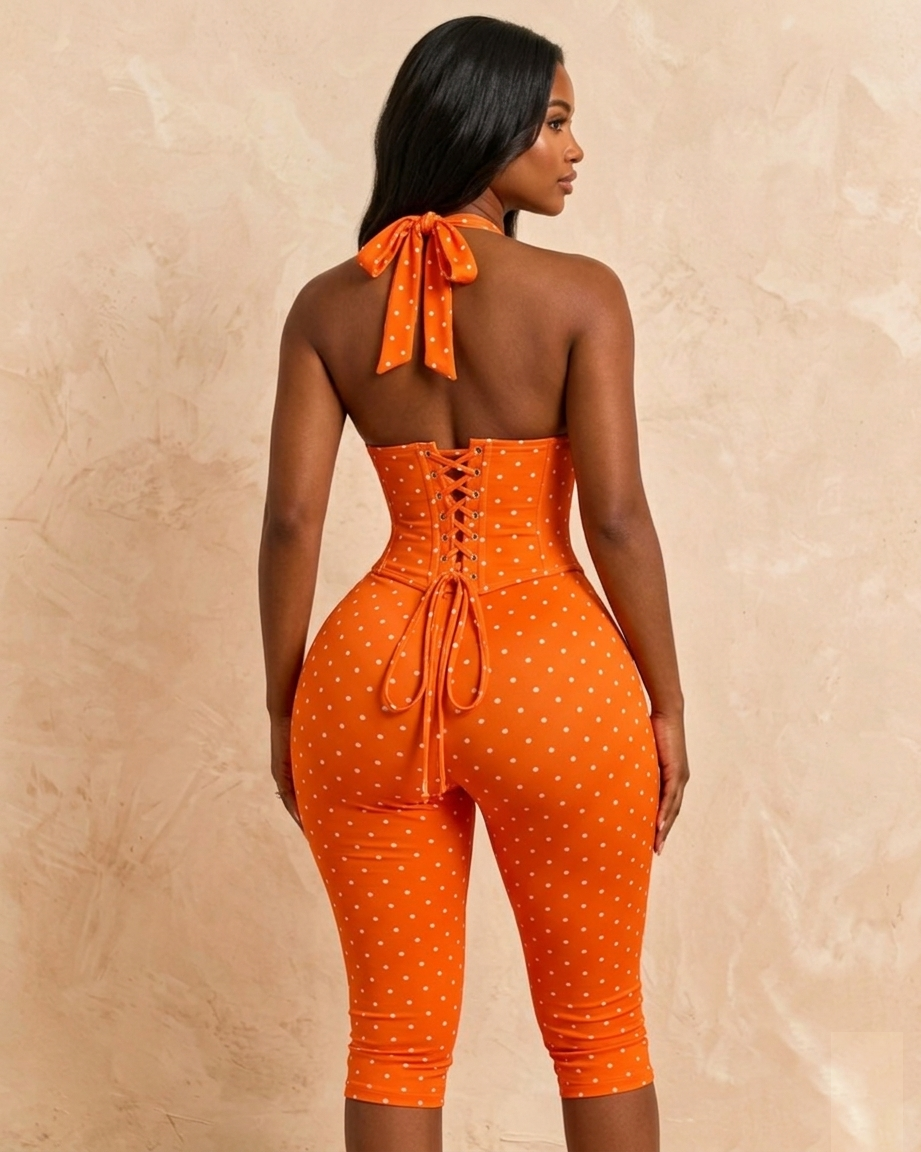 Hourglass Figure Body Shaper Waist Cincher Polka Dot Capri Jumpsuit Two-Piece Set