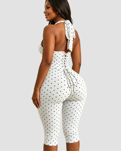 Hourglass Figure Body Shaper Waist Cincher Polka Dot Capri Jumpsuit Two-Piece Set