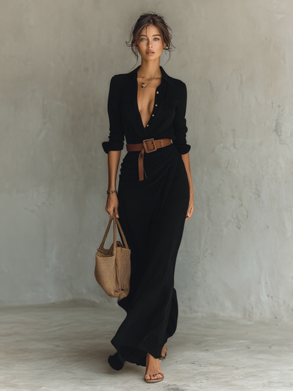 Vestido largo de mujer, de manga larga, con solapa, cinturón y botonadura simple