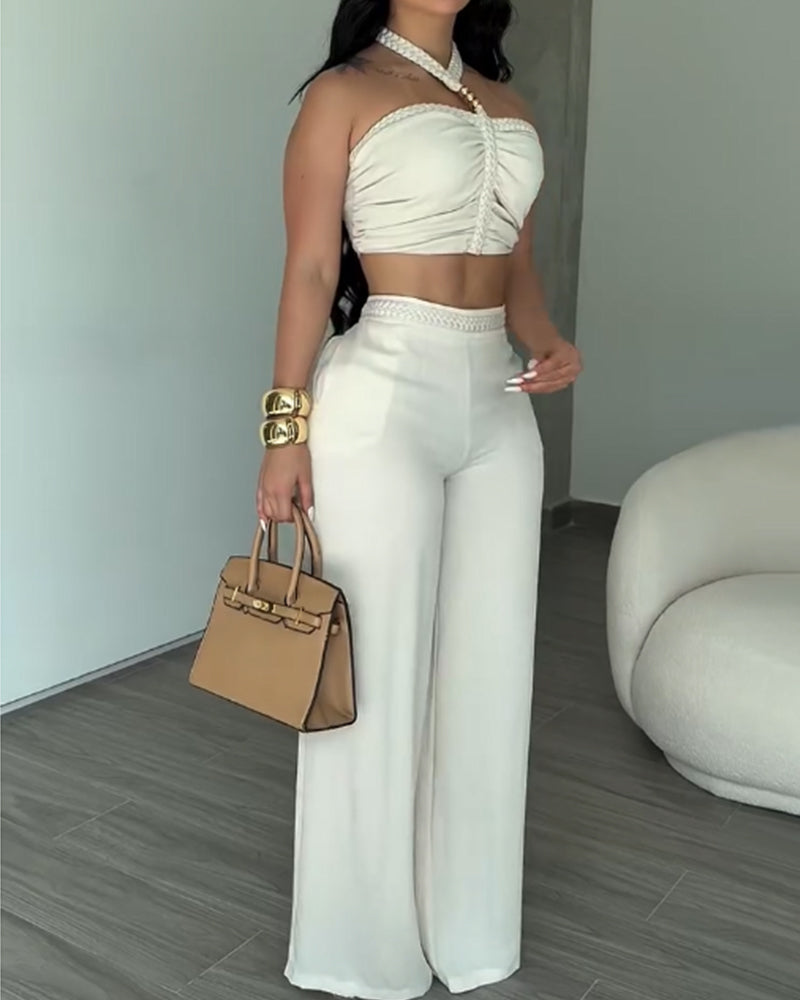 2 Piece Braided Trim Two Piece Outfit with Flared Trousers