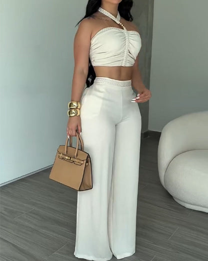 2 Piece Braided Trim Two Piece Outfit with Flared Trousers