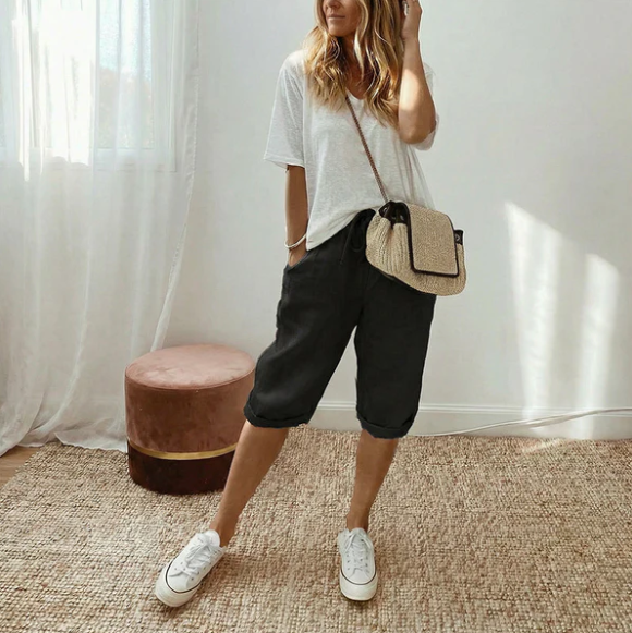 Estela - Pantalones capri informales de algodón y lino para mujer