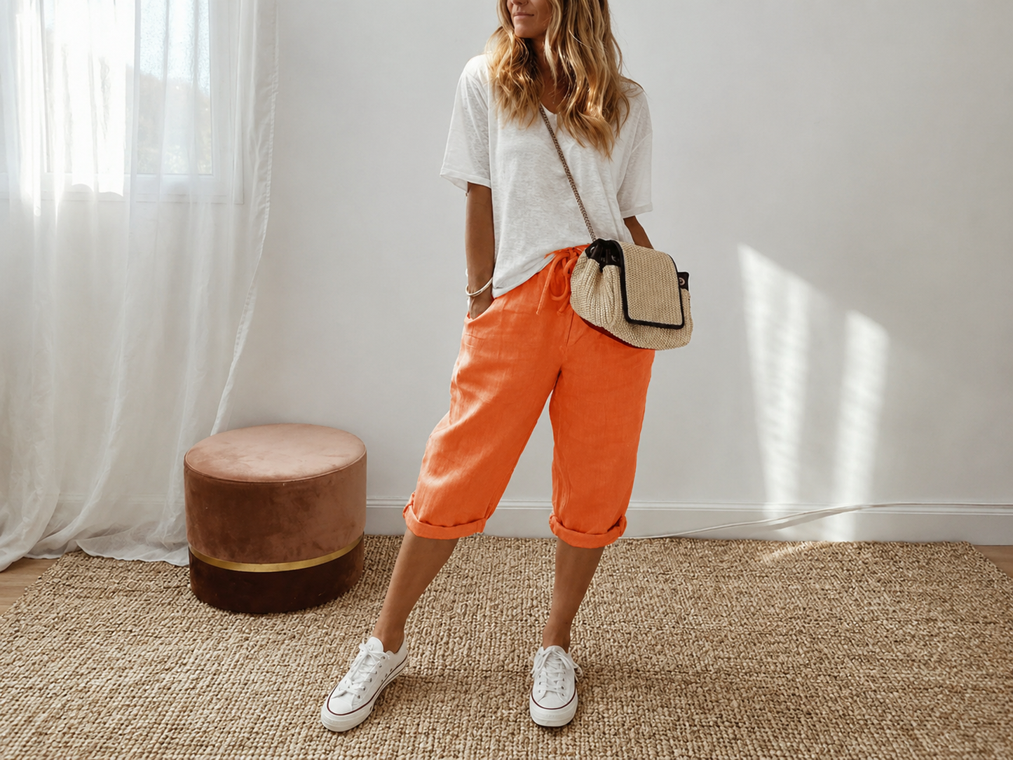 Estela - Pantalones capri informales de algodón y lino para mujer