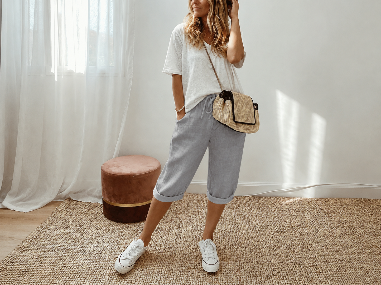 Estela - Pantalones capri informales de algodón y lino para mujer