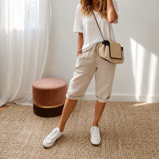 Estela - Pantalones capri informales de algodón y lino para mujer