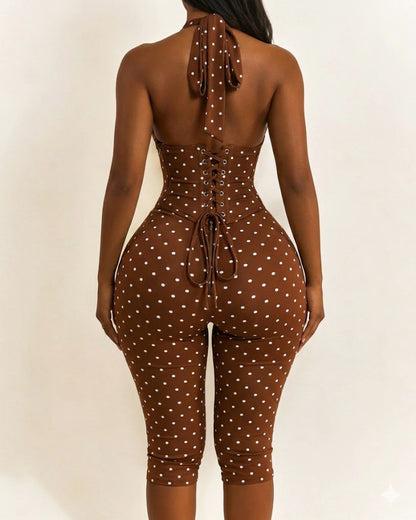 Hourglass Figure Body Shaper Waist Cincher Polka Dot Capri Jumpsuit Two-Piece Set