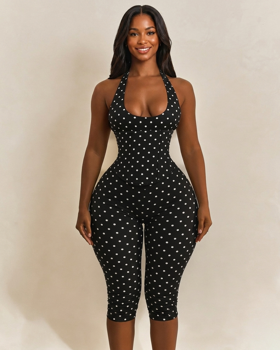 Hourglass Figure Body Shaper Waist Cincher Polka Dot Capri Jumpsuit Two-Piece Set