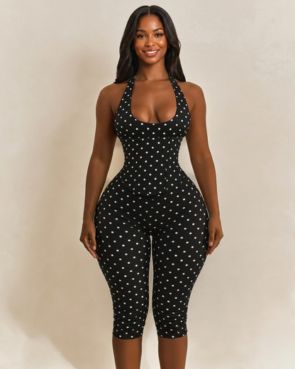 Hourglass Figure Body Shaper Waist Cincher Polka Dot Capri Jumpsuit Two-Piece Set