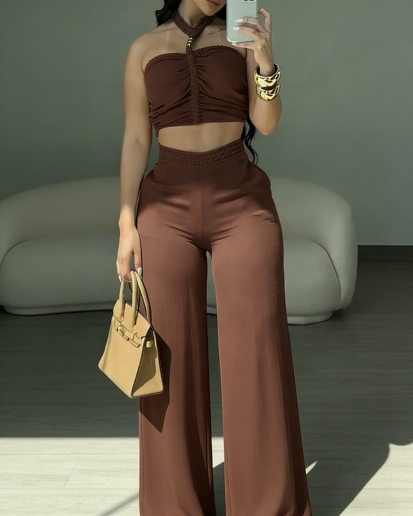 2 Piece Braided Trim Two Piece Outfit with Flared Trousers