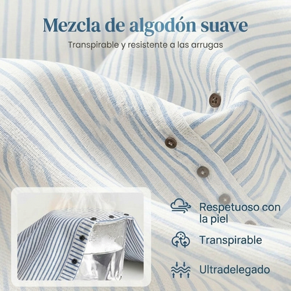 Pantalones de lino a rayas azules con bolsillos laterales