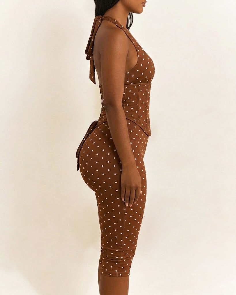 Hourglass Figure Body Shaper Waist Cincher Polka Dot Capri Jumpsuit Two-Piece Set