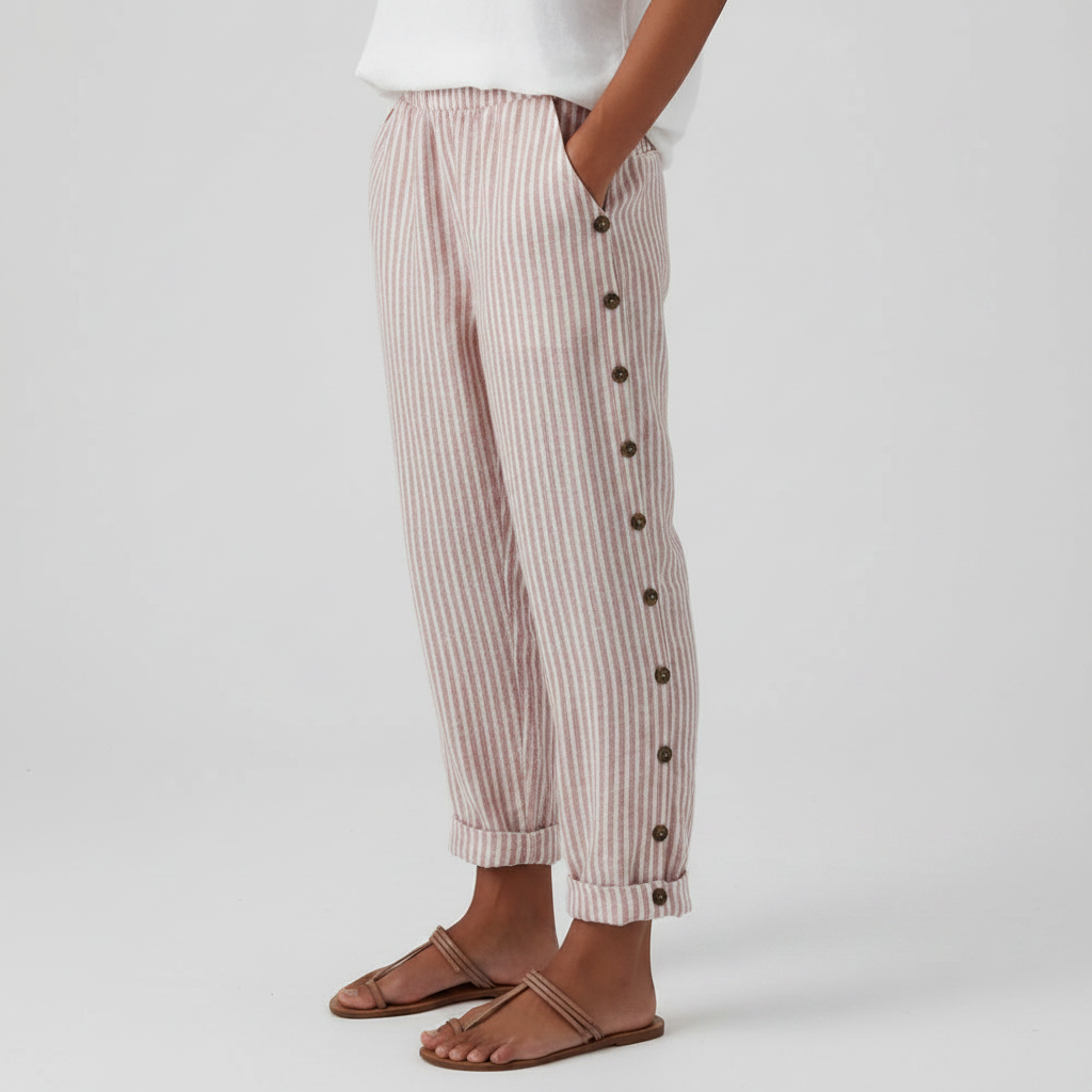 Pantalones de lino a rayas azules con bolsillos laterales