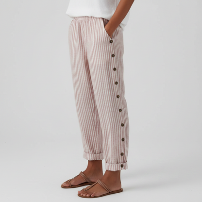 Pantalones de lino a rayas azules con bolsillos laterales
