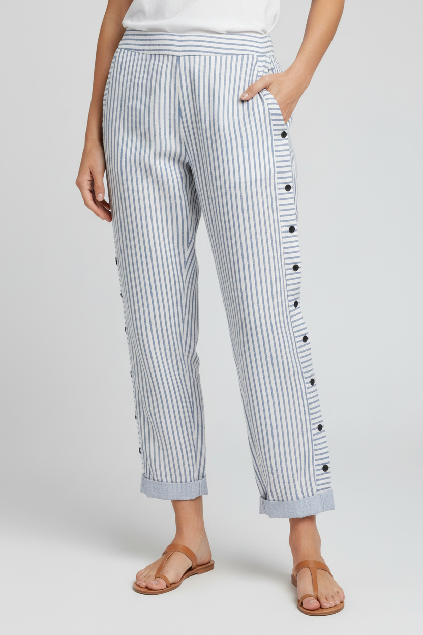 Pantalones de lino a rayas azules con bolsillos laterales