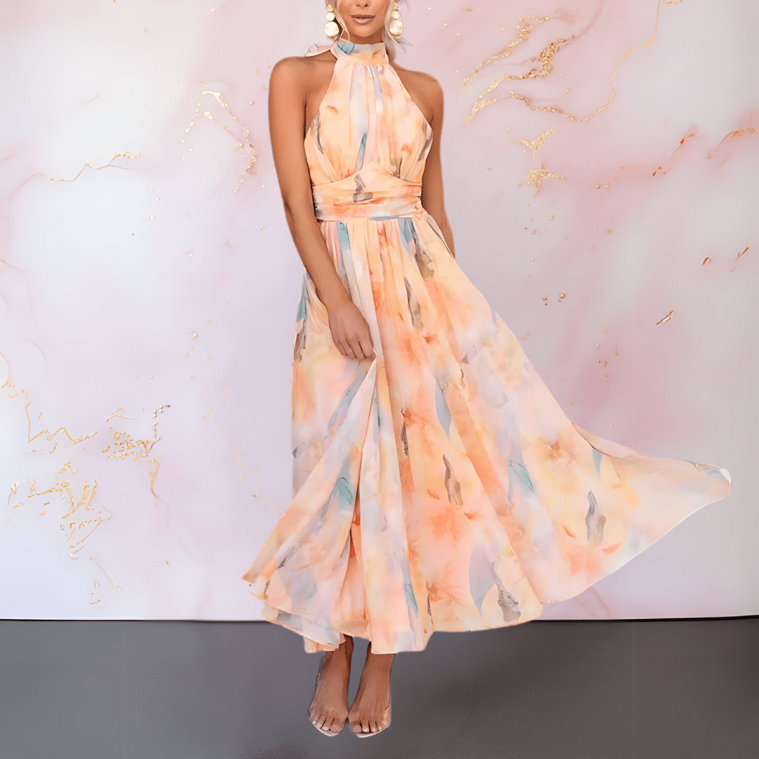 ESTHER - Vestido con cuello alto y estampado de acuarela