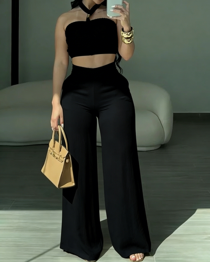 2 Piece Braided Trim Two Piece Outfit with Flared Trousers
