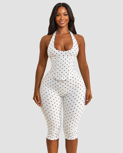 Hourglass Figure Body Shaper Waist Cincher Polka Dot Capri Jumpsuit Two-Piece Set