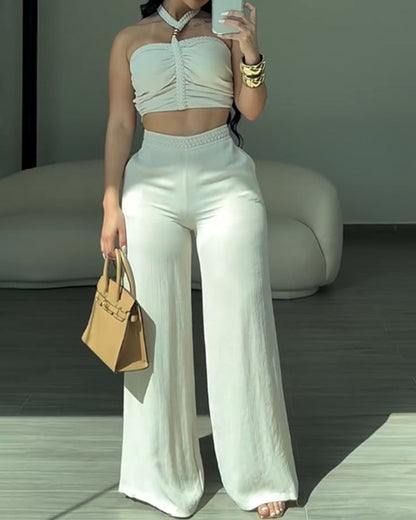 2 Piece Braided Trim Two Piece Outfit with Flared Trousers