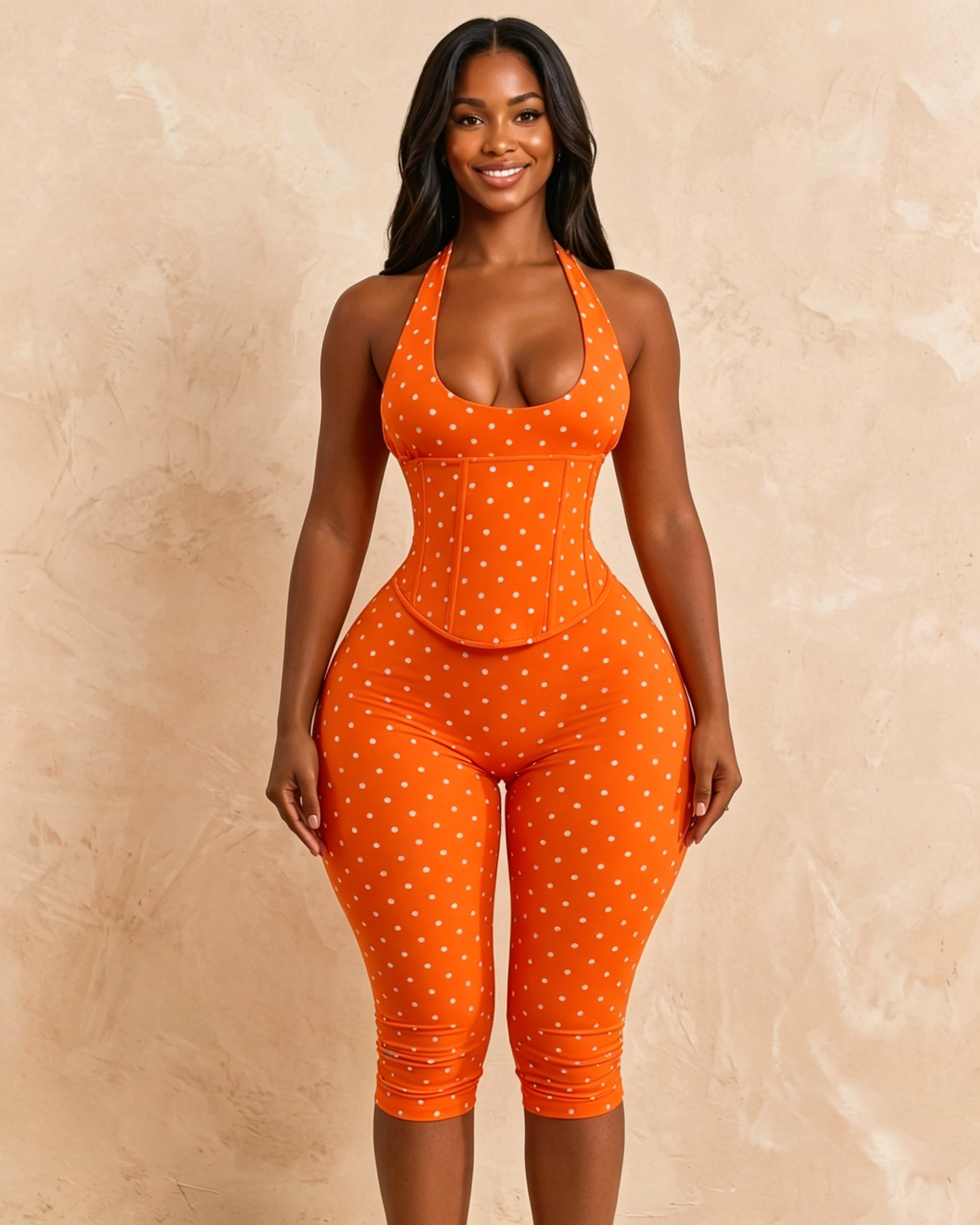 Hourglass Figure Body Shaper Waist Cincher Polka Dot Capri Jumpsuit Two-Piece Set