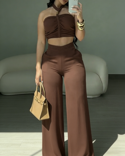 2 Piece Braided Trim Two Piece Outfit with Flared Trousers